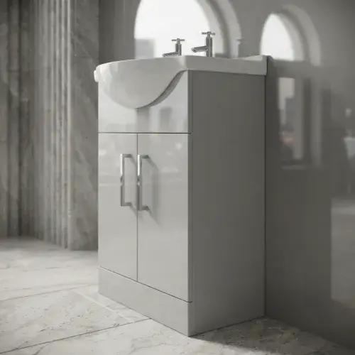 2 Tap Hole 550mm Floor Standing Vanity Unit & Basin - Light Grey Gloss
