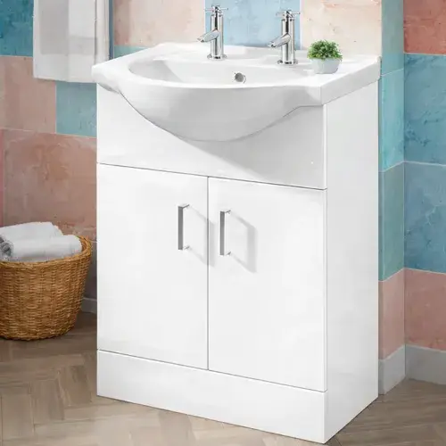 2 Tap Hole 550mm Vanity Unit & Basin | Gloss White Floor Standing | Pre-Assembled