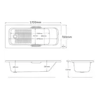 8mm Reinforced Bath With Twin Grips 1700mm x 700mm, Single Ended, Made In Uk