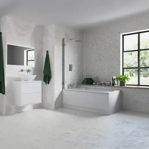 8mm Square Top Hinged Bath Screen | 1500mm High | Easy Clean Toughened Safety Glass