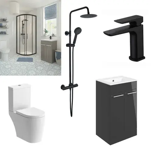 900x900mm Black Quadrant Shower, 2 Door Basin Unit, Toilet, Basin Tap and Shower Mixer Suite