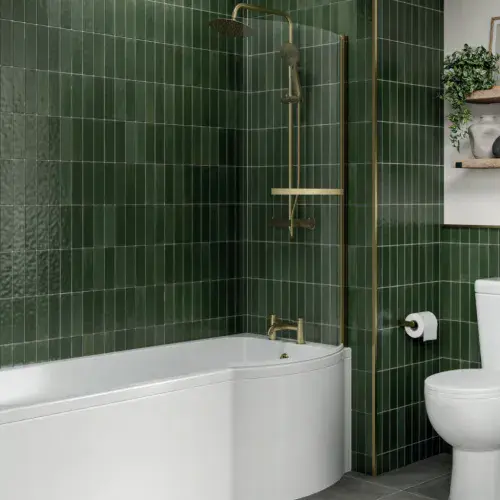 Acrylox P Shape Shower Bath Pack 1700 x 800mm | Brushed Brass Screen
