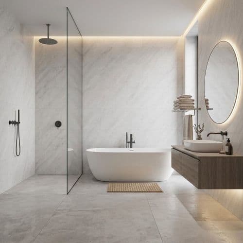 AquaGen White Grey Marble Tile Single Panel - 1200mm x 2400mm - Waterproof Wall Panel