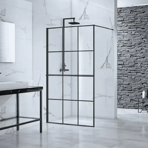 Aquaglass Velar 8mm Black Framed Walk In Front Shower Panel with Towel Rail
