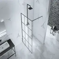 Aquaglass Velar 8mm Black Framed Walk In Front Shower Panel with Towel Rail