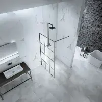 Frontline Aquaglass Velar 8mm Black Crittall Walk In Front Panel with Towel Rail 1200mm