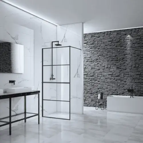 Aquaglass Velar Linear 900mm Black Walk In Front Panel with Towel Rail
