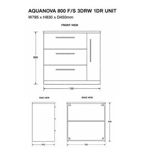 Aquanova 800mm Oak Effect Floor Standing Vanity Unit | 3 Drawer 1 Door