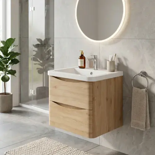 Aquavala Novella 500mm Wall Hung Vanity Unit Oak & Ceramic Basin
