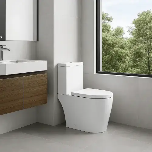 Aquila Close Coupled Toilet Rimless Open Back and Soft Close Seat