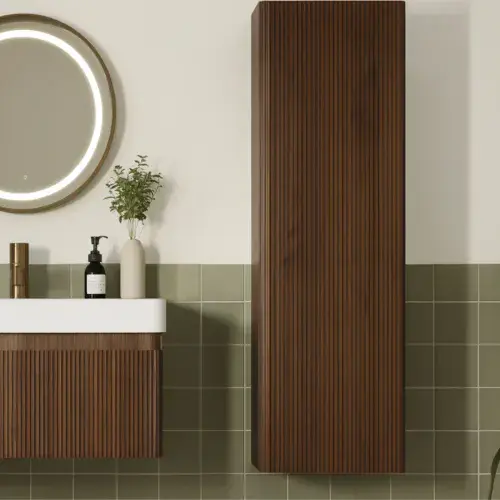 Arden 350mm Wall Hung 1 Door Tall Bathroom Unit - Textured Walnut