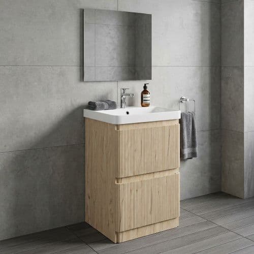 Arden 500mm Floor Standing 2 Drawer Basin Unit & Ceramic Basin - Textured Oak