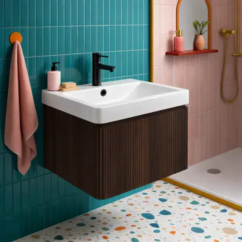 Arden 500mm Wall Hung 1 Drawer Basin Unit & Basin - Textured Walnut