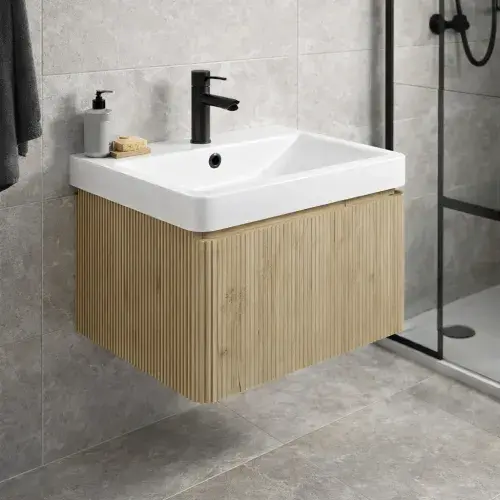 Arden 500mm Wall Hung 1 Drawer Basin Unit & Ceramic Basin - Textured Oak