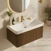 Arden 805mm Wall Hung 1 Drawer Basin Unit & Ceramic Basin - Textured Walnut