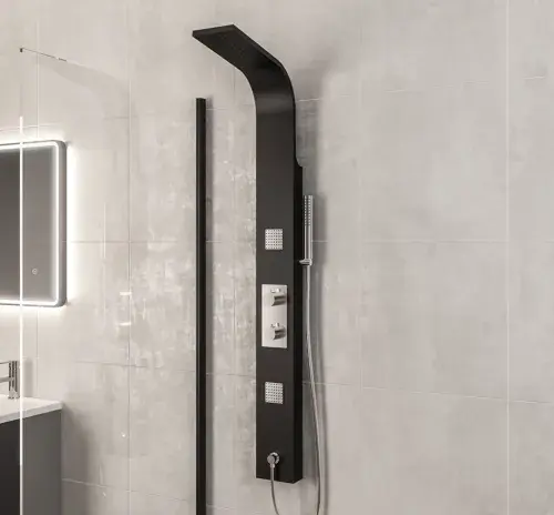 Ardour Shower Panel with Thermostatic Valve, Body Jets, Round Shower Handset & Hose - Black & Chrome