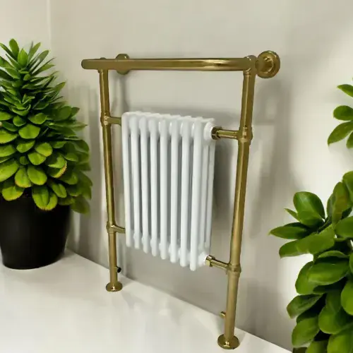 Aura Traditional Heated Towel Rail | White & Brushed Brass (952 x 659mm)