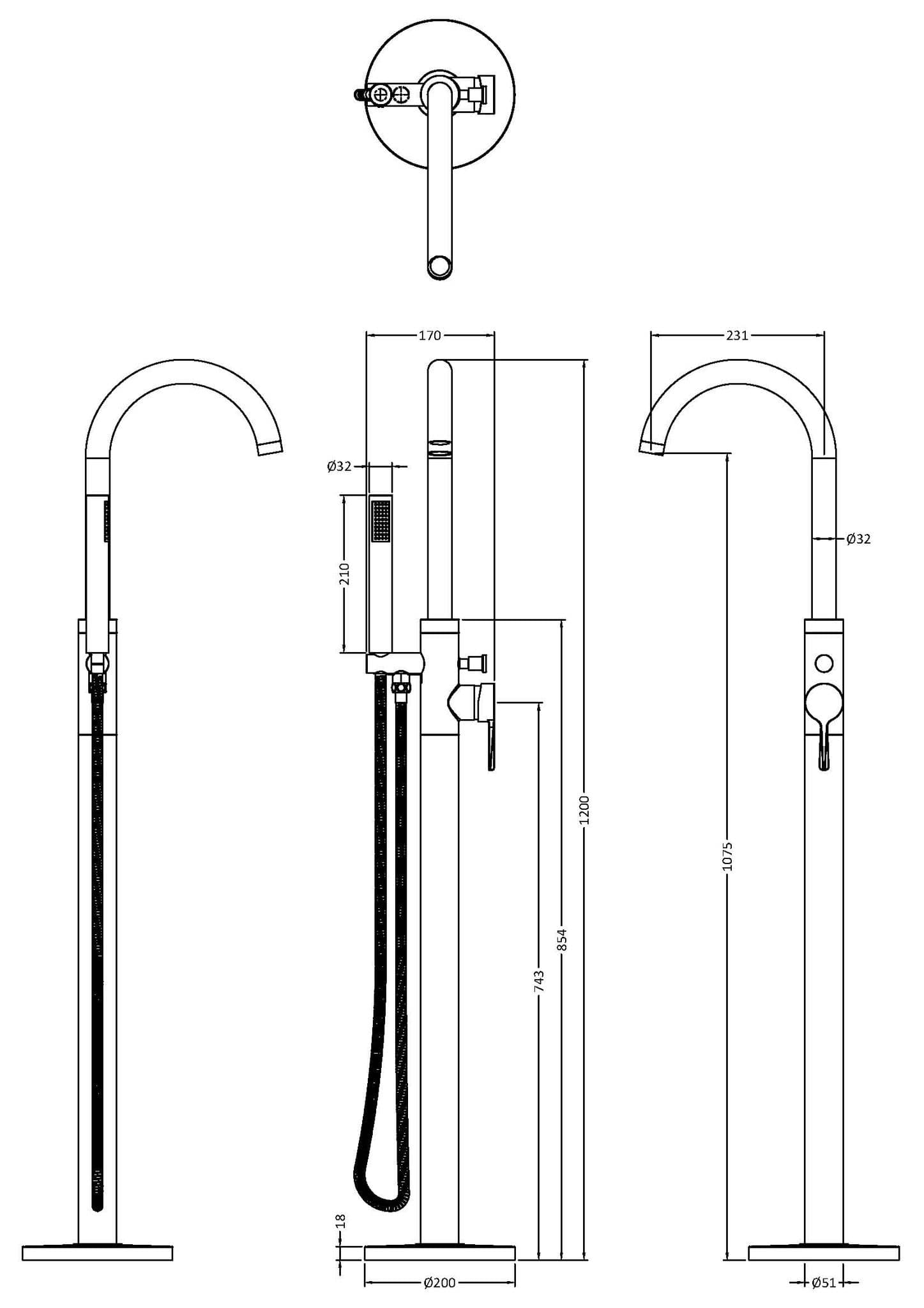 Nuie Aztec Freestanding Bath Shower Mixer Tap | Matt Black | Brass/Abs | 200mm X 1200mm X 345mm