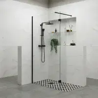 B8 Black Walk in Shower Screen 8mm Glass, Optional Side Panel & Flipper Screen