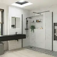 B8 Black Walk in Shower Screen 8mm Glass, Optional Side Panel & Flipper Screen