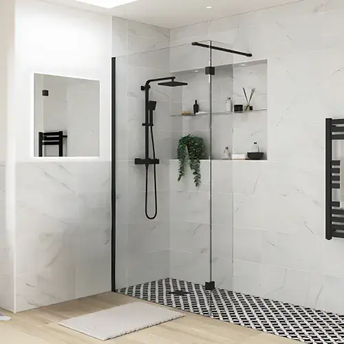 B8 Black Walk in Shower Screen 8mm Glass, Optional Side Panel & Flipper Screen