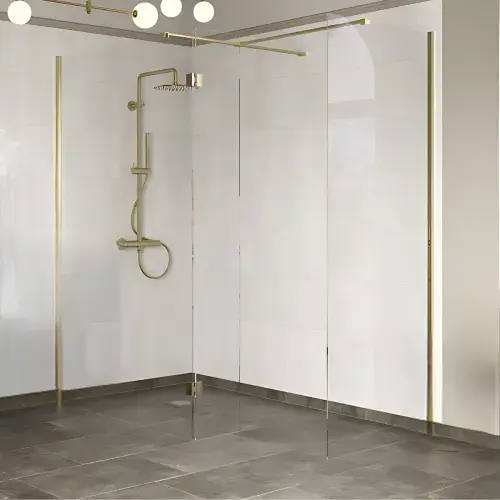 B8 Brushed Brass Walk in Shower Screen 8mm Glass, Optional Side Panel