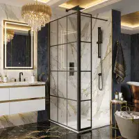 B8 Grid Style Walk in Shower Panel, Black, Various Sizes