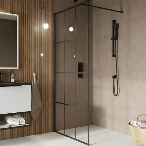 B8 Grid Style Walk in Shower Panel, Black, Various Sizes