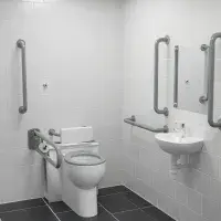 Back To Wall Doc M Pack with Stainless Steel, Blue, Grey or White Grab Rails, Push Button Cistern
