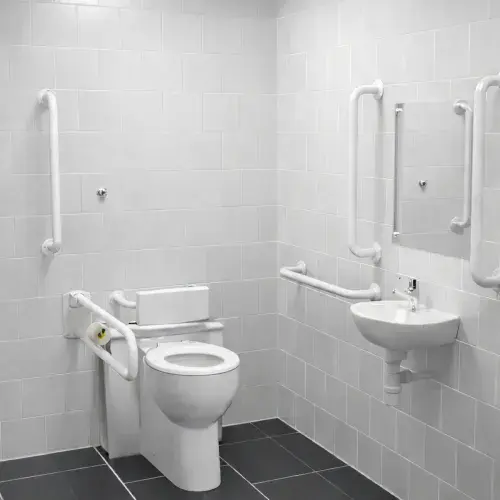 Back To Wall Toilet Doc M Pack with Stainless Steel, Blue, Grey or White Rails - Push Button Cistern