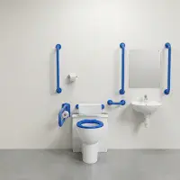 Back To Wall Doc M Pack with Stainless Steel, Blue, Grey or White Grab Rails, Push Button Cistern