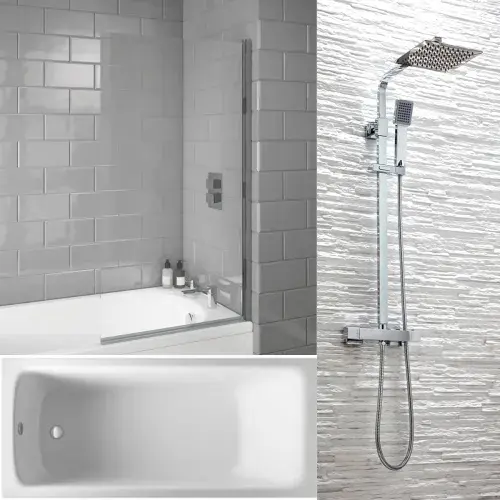 Bathcenter 1650mm Single Ended Bath, Plain Bath Screen, Roma Square Mixer Shower Set