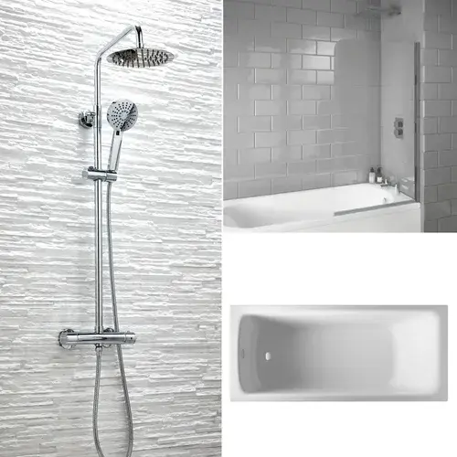 Bathcenter 1650mm Single Ended Bath, Plain Bath Screen, Sphere Mixer Shower Set
