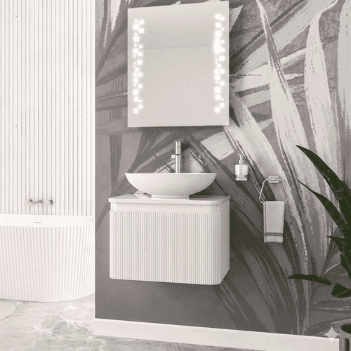 Belice 600mm Fluted Wall Hung Vanity Unit | Gloss White with Ceramic Worktop