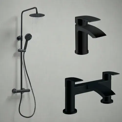 Belini Matt Black Basin Mixer, Bath Filler & Dual Head Shower Pack
