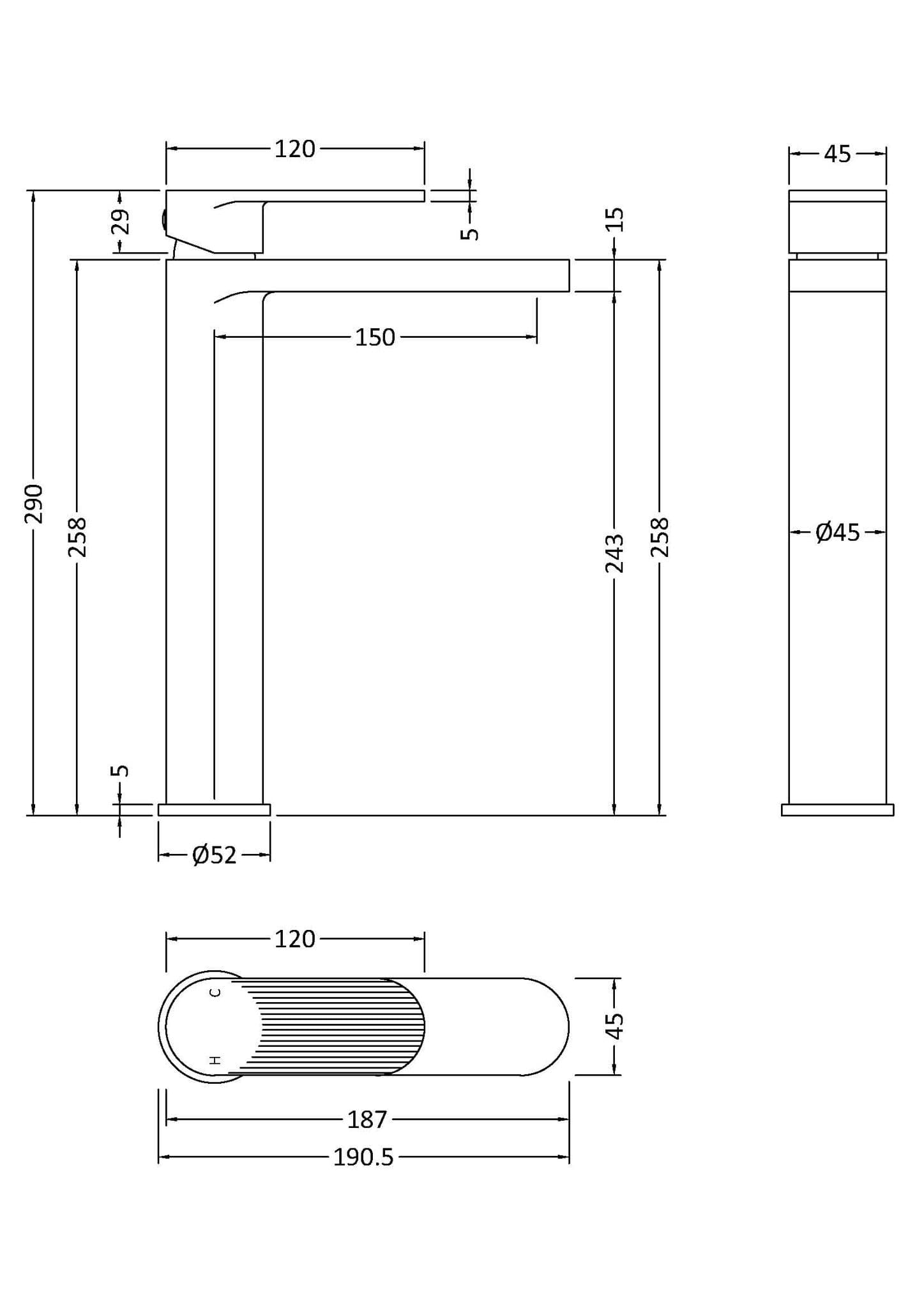 Nuie Cyprus High Rise Basin Mixer Tap | Chrome | Brass | 52mm X 290mm X 190mm