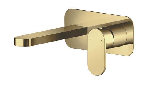 Binsey, Wall Mounted 2 Tap Hole Basin Mixer With Plate, Brushed Brass