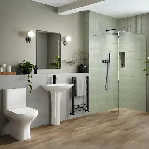 Black Cedare Walk In Shower Room Pack with 8mm Wet Room Screen (various sizes), Toilet, Basin & Tap