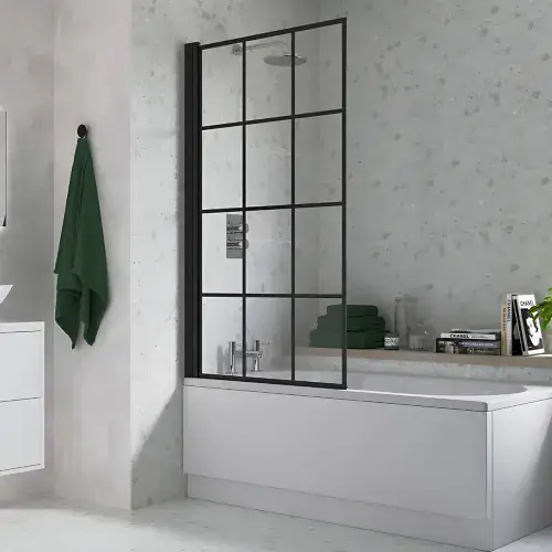 Black Framed Single Straight Bath Screen - Black Wall Profile