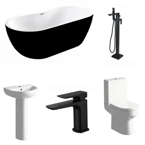 Black Freestanding Bath with Shower Mixer Taps, Basin Tap, Toilet and Pedestal Basin