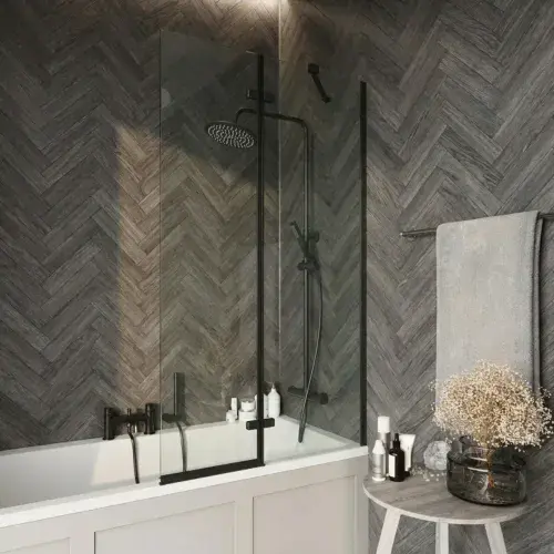 Black Square 900mm Pivot Bath Screen with Fixed Panel