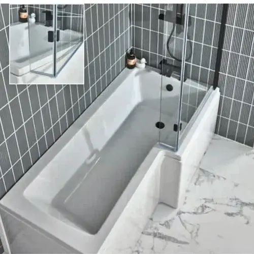 Blok 1700mm L-Shaped Shower Bath Pack with Black Screen & Panel – Left or Right Hand