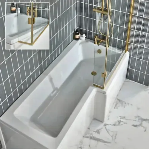 Blok 1700mm L-Shaped Shower Bath Pack with Brushed Brass Screen & Panel – Left or Right Hand