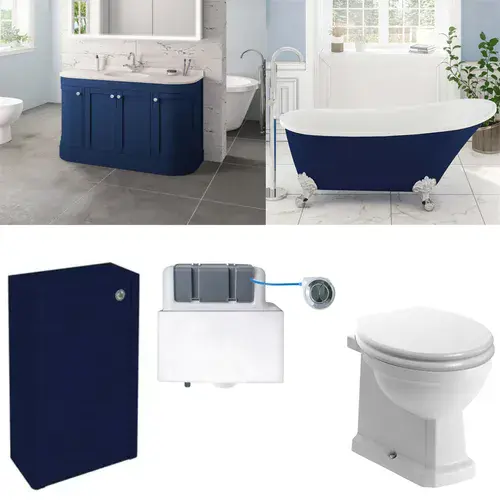 Blue Freestanding Bath with Vanity Unit, Toilet Unit, Pan and Concealed Cistern