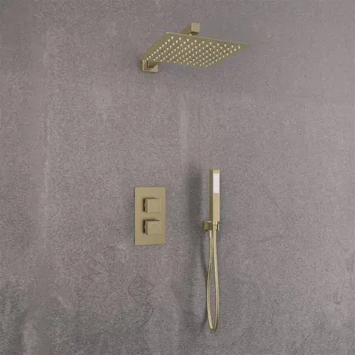 Brushed Brass Square Concealed Shower Valve with Fixed Head & Handset