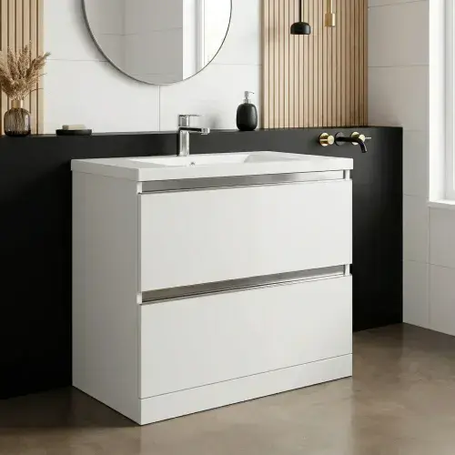 Carmine 815mm 2 Drawer Floor Standing Basin Unit Inc. Basin, White Gloss