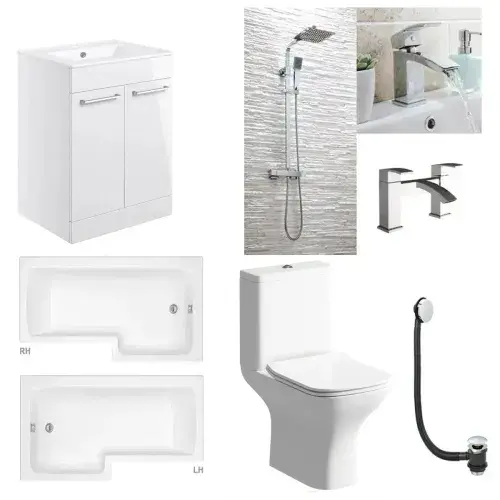 Cedare Vanity Unit Bathroom Suite with L Shape Shower Bath and Dual Shower