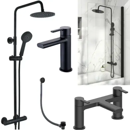 Complete Bathroom Makeover Brassware Pack | Matt Black Taps, Shower, Waste & Screen
