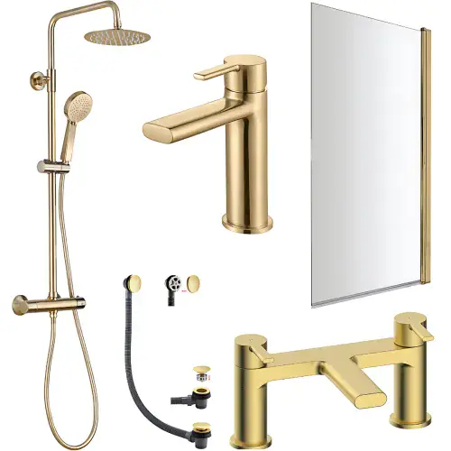 Complete Brushed Brass Bathroom Makeover Pack Includes Thermostatic Shower, Taps & Bath Screen