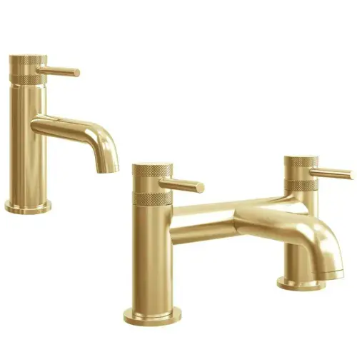 Core Brushed Brass Bathroom Tap Pack with Diamond Cross Hatch Detail